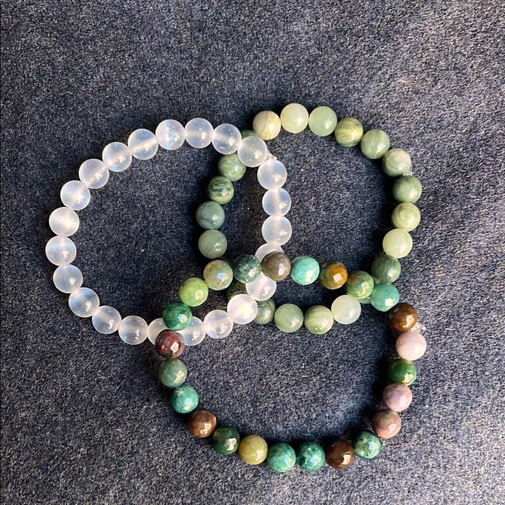 Hand crafted trio of stone stretch bracelets.